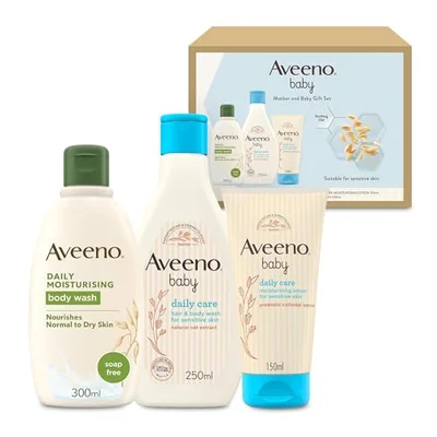 Aveeno Baby Mother and Baby Giftset – Gift for New Mums with Nourishing Body Wash (300ml), Babycare Hair & Body Wash (250ml) and Lotion (150ml), Soothing Products Suitable for Use on Sensitive Skin - 4 Count (Pack of 1)