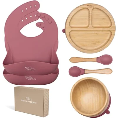 Baby Bamboo weaning Set Presented by Yum Yum's - Bamboo Plate and Bowl Set - Suction Bowl and Plate - Baby Feeding Set - Spoon Set for BLW - 2 Baby weaning Bibs - (Iceberg Blue)
