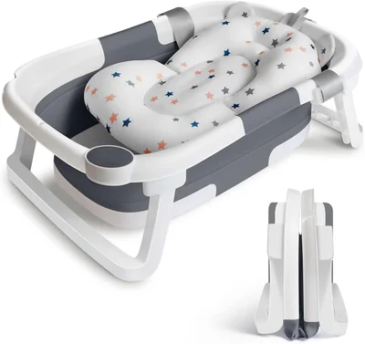 Baby Bath Tub Foldable Bathtub, Collapsible Toddler Bath Tubs with Baths Support Cushion Pad Seat Mat, Anti-Slip Portable Travel Shower Bathing Basin Folding Bathtubs for Newborn Toddler Infant (Grey) - grey with pad