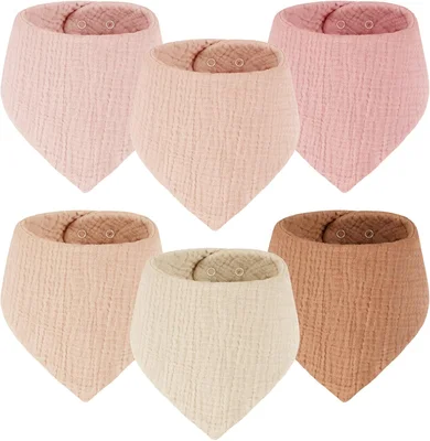 Baby Bibs 100% Muslin Cotton Dribble Bibs Soft and Absorbent for Newborn Toddler from 0-36 months 6 Pack Pink&Khaki - Pink&Khaki