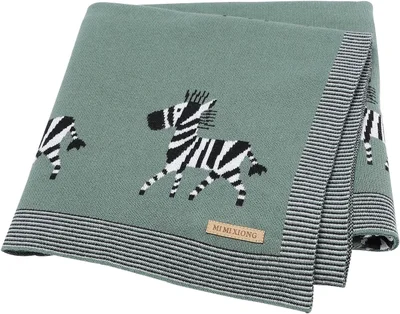 Baby Blanket 100% Cotton Knitted Soft Blanket for Newbron with Lovely Zebra, 100 x 80cm Dark Green