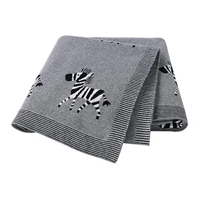 Baby Blanket 100% Cotton Knitted Soft Blanket for Newbron with Lovely Zebra, 100 x 80cm Dark Green