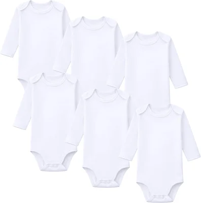 Baby Bodysuits Cotton 6 Pack Long Sleeve White Vests Tops Boy Girl - 0 Months