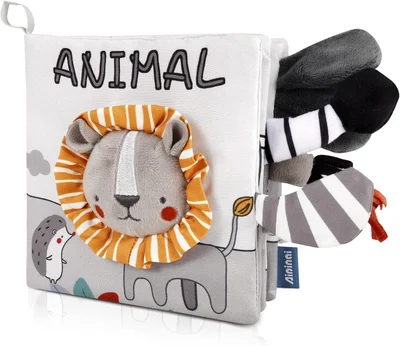 Baby Books Toy 0-6 months, Newborn Sensory Soft Books Toy, High Contrast Touch & Feel Crinkle Cloth Books with Squeaker, Early Development Bath Toys Gift (Lion) - Lion