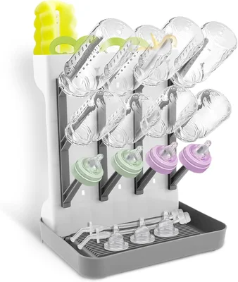 Baby Bottle Dryer Rack Plastic Vertical Standing Baby Bottle Holder Space Saving Countertop Standing Dish Holder Holds Up to 12 Bottles for Newborn Feeding Essentials - Grey