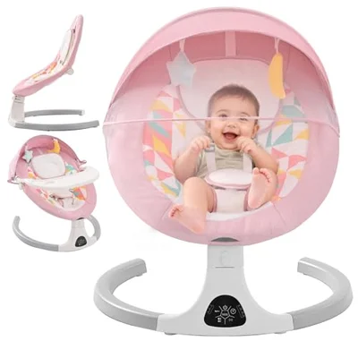 Baby Bouncer from Birth, Electric Baby Swing Chair with Bluetooth, 5 Swing Speed, 3 Angle Position, Remote Control & Touch Panel Baby Rocker with Detachable Tray and Canopy with Mosquito Net Grey