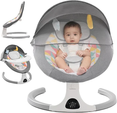 Baby Bouncer from Birth, Electric Baby Swing Chair with Bluetooth, 5 Swing Speed, 3 Angle Position, Remote Control & Touch Panel Baby Rocker with Detachable Tray and Canopy with Mosquito Net - Grey