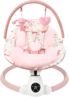 Baby Bouncer, Portable Electric Baby Swing with Bluetooth, 5 Swing Speed, 10 Lullabies, 5-Point Harness, Remote Control & Touch Panel - Bouncer from Birth for Indoor & Outdoor Use - Bow
