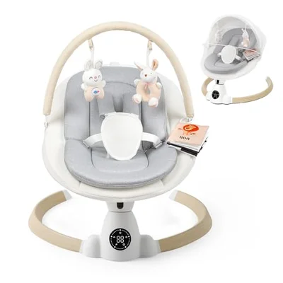 Baby Bouncer, Portable Electric Baby Swing with Bluetooth, 5 Swing Speed, 10 Songs, 5-Point Harness, Remote Control & Touch Panel - Bouncer from Birth for Indoor & Outdoor Use (Wood Grain)