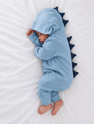 Baby Dinosaur Hooded Jumpsuit – Long Sleeve Romper with Dinosaur Spikes - Blue / 3-6 Months