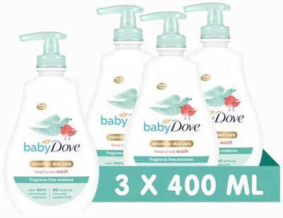 Baby Dove Fragrance-Free Head to Toe Wash - Gentle & Soothing Hair and Body Wash for Babies, Nourishing & Moisturising for Sensitive Skin, Tear-Free Formula, Ideal for Newborns - 400ml, Pack of 3 - Default