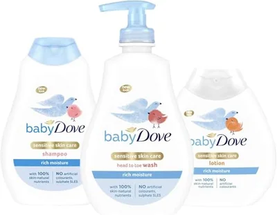 Baby Dove Rich Moisture Baby Care Set – 3-Piece Bundle: Tear-Free Head to Toe Wash (400ml), Gentle Shampoo (400ml), & Moisturising Lotion (200ml) suitable for Sensitive Skin