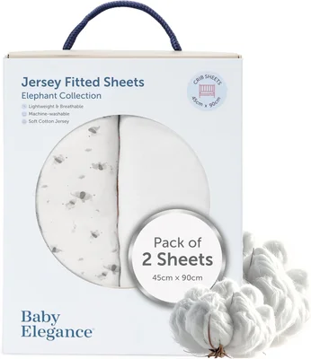 Baby Elegance Crib Sheets Pack of 2 | 45 x 90 cm Crib Fitted Sheet | Machine Washable, Soft & Breathable Premium-Quality Jersey | Includes 2 Sheets - Elephant Whimsical Design - Crib (45 x 90cm)