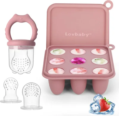 Baby Fruit Feeder Ice Lolly Moulds Set, Fruit Feeder for Babies Teething Relief, Baby Food Feeder for Safe Infant Self Feeding, Includes 3 Extra Food Pacifier - Powder Rose