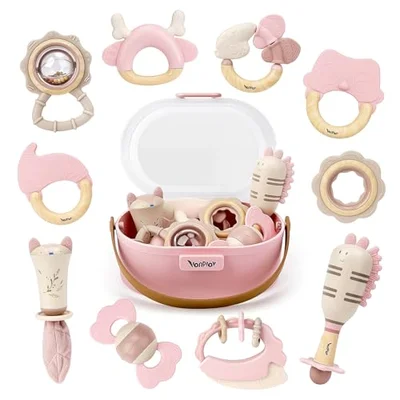 Baby Girl Baby Toys 0-6 Months Newborn Essentials 10pcs Rattles Teething Sensory with Storage Box(Pink) - Pink Colour / 0-6m