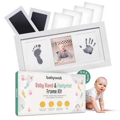 Baby Hand and Footprint Kit – Inkless Clean Touch, Non-Toxic for Newborn Skin, Keepsake for Boy or Girl, Inkless Footprint Kit for Babies, Dogs & Cats (Small (0–6 Months)) - Black And White / Photo Frame + Print Kit
