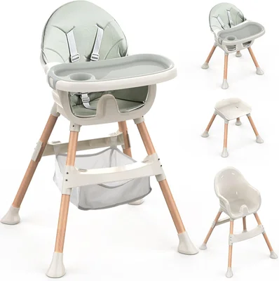 Baby High Chair, 4-in-1 Convertible Highchairs, Adjustable Height,Comfortable Toddler Chair & Table,Removable Double Tray,Ergonomic Feeding Portable for 6 Months to 5 Years - Green