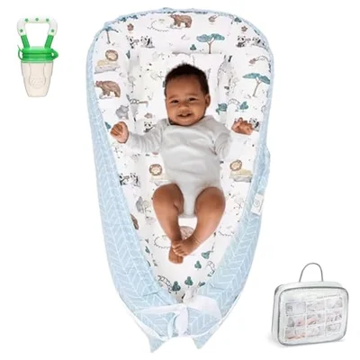 Baby Lounger 0-24 Months | Adjustable Baby Lounger for Newborn | Breathable Organic Cotton Infant Lounger Cover | Reversible Design, Portable Baby Nest Lounger | Includes Baby Bib | Elephant - Blue Color