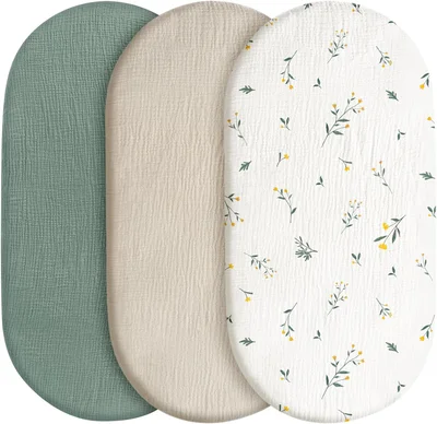 GLLQUEN BABY Pink 100% Muslin Cotton Baby Fitted Sheet, Pack of 3, 83 x 43 cm, European Cot Size, Oeko-Tex 100, Bassinet Sheets, Pram Mattress Cover - Flower
