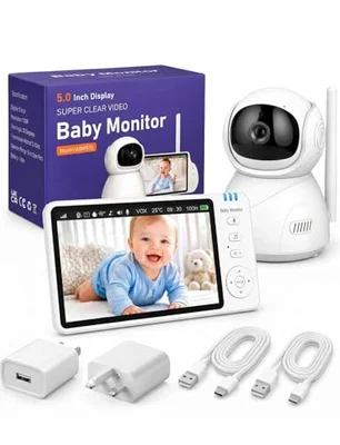 Baby Monitor with Camera and Night Vision, 5” 720P Video Baby Monitor, Temperature Alert, Two Way Speaker, Motion & Sound Detection, 100H VOX Mode, Lullabies, Remote Pan/Tilt/Zoom Camera, No WiFi - Abm570