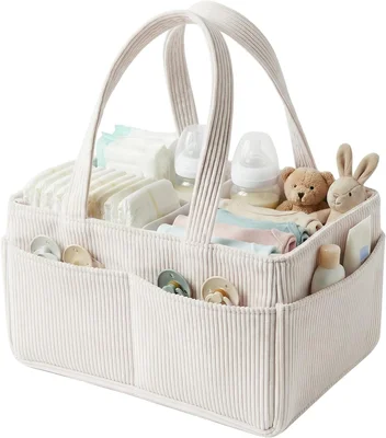 QINGLANG Baby Nappy Caddy Organiser Portable Corduroy Nursery Diaper Storage Basket with Handle Newborn Essentials Baby Shower Gifts for Boys Girls Diaper Changing 37x23x20cm - Default