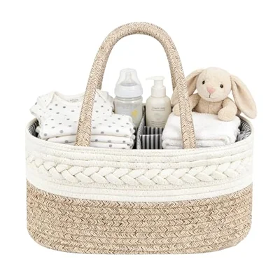 Baby Nappy Caddy, Portable Nursery Storage Basket with Removable Dividers - White and Brown
