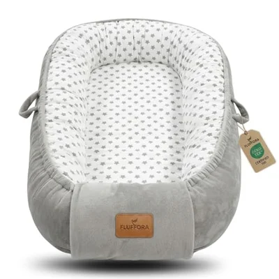 Baby Nest Pod for Newborn | Baby Lounger for 0-12 Months Boys Girls | Portable Baby Nest for Travel | Next to Me Crib Alternative | Newborn Essentials | Soft Baby Cot Bed Mattress - Velvet Grey Stars / 0-12m
