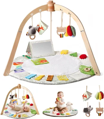Baby Play Arch Made of Wooden Baby Gym Baby Play Mat Baby Gym 6 Interactive Sensory Toys for Motor Skills Sensory Development Suitable for Newborns (0-12+ Months)