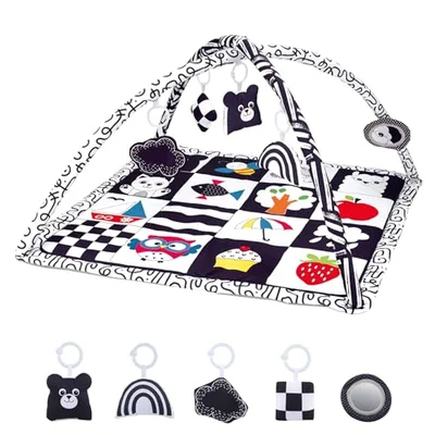 Baby Play Mat, Baby Gym Play Mat for Babies 0-6 Months Infant Tummy Time Mat Activity Gym, Black & White Baby Gymini Playmat, Foldable Nursery PlayMats, Newborn Baby Toddlers Toys Gifts