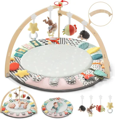 Baby Play Mat, Wooden Baby Play Gym with 6 Development Zones, Foldable Mats for Floor Play, Playmats & Floor Gyms with 7 Detachable Sensory Toys, Essentials Activity Mat - Grey