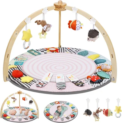 Baby Play Mat, Wooden Baby Play Gym with 6 Development Zones, Upgraded Tummy Time Mat, Playmats & Floor Gyms with 7 Detachable Sensory Toys, Newborn Essentials Activity Mat - Pink