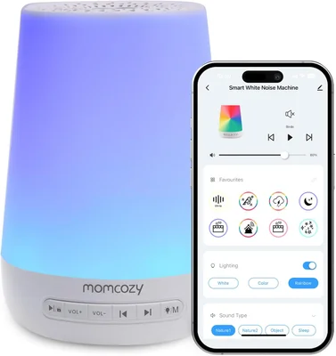Baby Sound Machine, Momcozy White Noise Machine for Baby Sleeping with Night Light, Toddler Sleep Trainer with 34 Soothing Sounds, Timer, App Remote Control, Personal Sleep Routine(White)