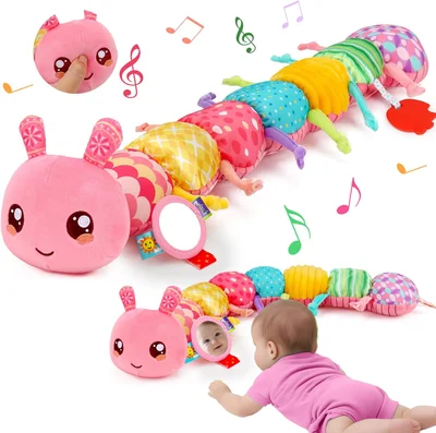 Baby Toys 0 3 6 9 12 Months New Born Baby Boy Girl Gifts, Caterpillar Sensory Musical Toys for 0-6 6-12 Months Old Babies, Tummy Time Toys Newborn Essentials (Pink)