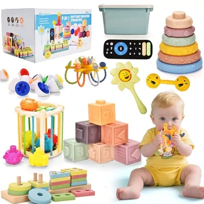 Baby Toys 6 to12 Months 9 in-1 Montessori Teething Trendy Toys Sorting Sensory Educational Learning Gift for Toddlers Aged 1-3,with Pull String Toy Stacking Baby Blocks& Remote & Soft Infant Ring