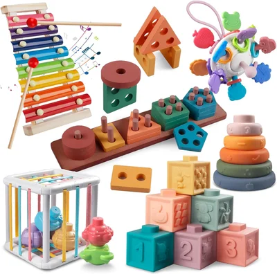 Baby Toys for 6 to 12 Months, Montessori Toys for Babies 6 Months -3 Year Old, 6 in 1 Wooden Sorting and Stacking Blocks Activity Cube Sensory Toy, Learning Baby Toys Gift for 6 7 8 9 12 Months - Wooden Activity Cube