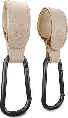 Baby Uma Leather-Style Buggy Clips - 2-Pack of Universal Pram Clips, Non-Slip Buggy Accessories, Carry up to 5 kg per Buggy Clip, Pram Hooks for Bags, Shopping & Baby Travel Essentials (Beige) - Vegan Leather Beige / Vegan Leather Clips