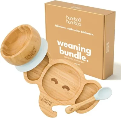 Baby Weaning Set - Bamboo Elephant Plate & Bowl, Strong Suction (Grey)