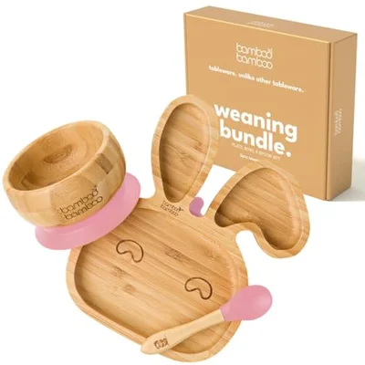 Baby Weaning Set - Bamboo Elephant Plate & Bowl, Strong Suction (Grey)