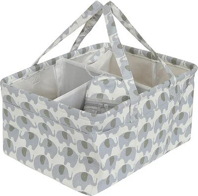 Babycurls Portable Baby Nappy Diaper Organiser Caddy XL With Carry Handles & Bottle Warmer 3 Large Compartments 10 Side Pockets For Wipes & Nappy Sacks (Grey Elephants) - Grey Elephants