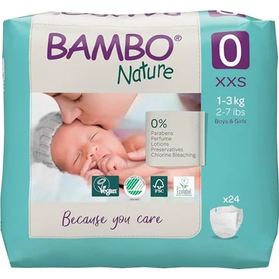 Bambo Nature Premium Eco Nappies, Premature Size 0 (2-7lb/1-3kg), XXS, Pack of 24, Eco-Labelled Nappies, Enhanced Leakage Protection, Secure and Comfortable Baby Nappy - Pack of 24 (Size 0) / Size 0 (1-3kg) Pack of 24