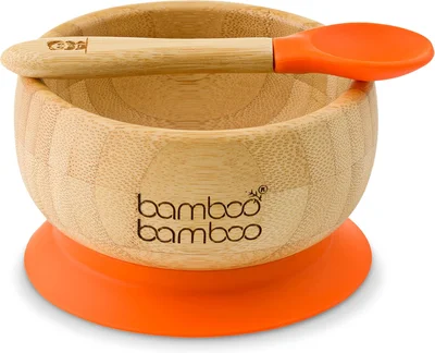 bamboo bamboo Baby Bowl and Spoon Set for Weaning, Bowl with Silicone Suction Ring, Toddler Bowls with Baby Spoon for Babies from 6 Months (Orange)