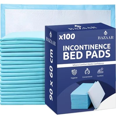 Bazaar 100 x Disposable Incontinence Bed Pads 90 x 60cm – Highly Absorbent Waterproof Bed Sheets for Adults, Elderly, Children & Babies – Bed Wetting Sheets & Bed Protectors for Mattress, Sofa & Chair - Blue / 60x90cm (100 Pack)