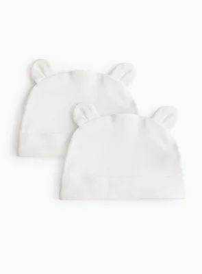 Bear Ear Detail Cotton White Hats 2 Pack 3-6 months