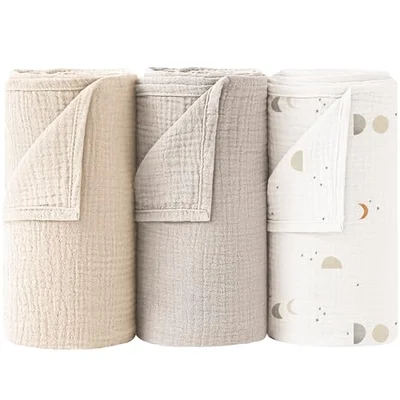 bearmoss Muslin Swaddle Blankets 100% Cotton Baby Swaddle Cloths 96x100cm, 3 Pack Large Soft Muslin Blankets for Newborn Baby Boys Girls(Grey Moon) - Grey Moon / 96x100cm
