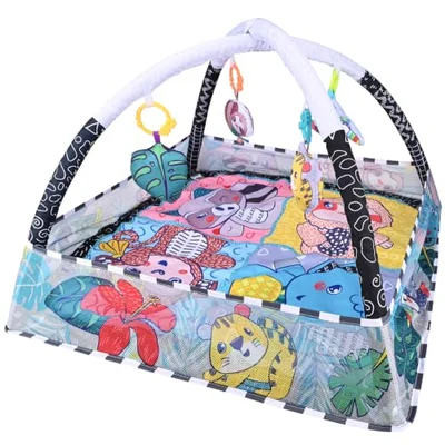 Bebamour Baby Play Gym & Activity Mat with 5 Sensory Hanging Toys, 18 Colourful Balls, Soft Washable Playmat, Foldable Baby Floor Gym for Newborn, Infants & Toddlers 0-24 Months (Green)
