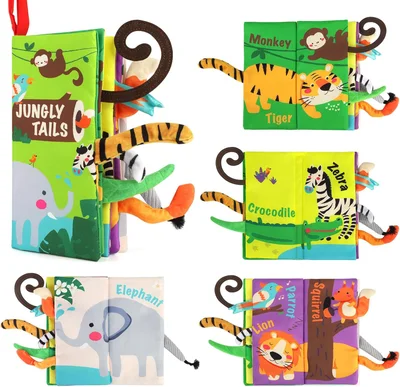 beiens Baby Books, Touch and Feel Crinkle Cloth Books for Babies, Baby Essentials for Newborn, Car Seat Gifts for 0 3 6 12 Months - Jungle Tails-only 1 Book / Medium