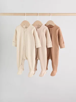 Beige Baby Two Way Zip Sleepsuits 3 Pack (0-2yrs)