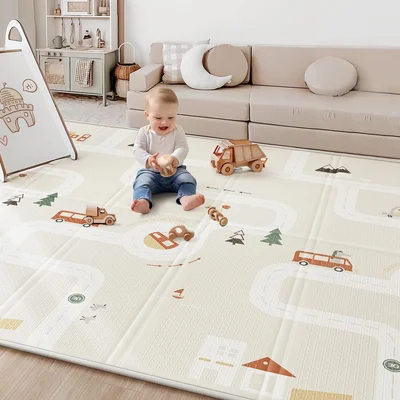 BG-BABYGO Baby Play Mat for Floor - Foldable Baby Play Mats for Newborn and Toddlers Waterproof and Soft, Tummy Time Mat Design for Crawling and Learning (Beige, 120x120x1 CM) - Beige / 120x120x1 CM