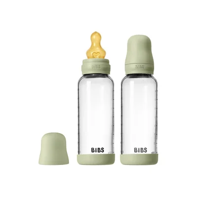BIBS 2 Pack Medium Flow Glass Baby Bottle Round Latex - 240ml - Ivory