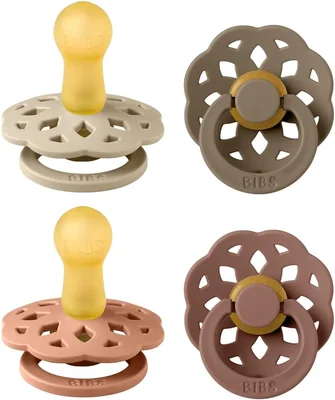 BIBS Boheme Soother 4-Pack. BPA Free Dummy Pacifier, Round Nipple. Natural Rubber Latex, Made in Denmark. 0-6 Months (Pack of 4)